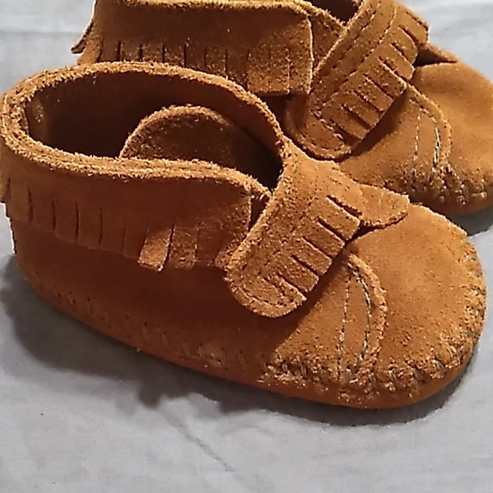 Minnetonka brown baby front strap moccasins
